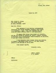 ["Mrs. Grover Wilson received a letter from Senator Fred R. Harris regarding her foster daughter, Francelia White Eagle's education. The Bureau of Indian Affairs granted financial aid for her education at Northwestern State University of Louisiana. The Bureau initially did not cover out-of-state tuition costs but made an exception in this case. Mrs. Wilson was advised to contact Dr. Frank W. Martin if further assistance was needed. Senator Harris expressed his support and wished Francelia success in becoming a registered nurse."]