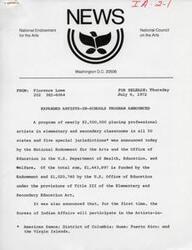 ["The National Endowment for the Arts and the U.S. Office of Education have announced an expanded Artists-in-Schools program, with nearly $2,500,000 funding to place professional artists in elementary and secondary classrooms in all 50 states and five special jurisdictions. The program aims to increase children's creativity and communication skills through various art forms. The program has been successful in previous years and is now expanding to all states and special jurisdictions. The program includes components such as architecture/environmental arts, dance, and film, with professional artists working with students in schools."]