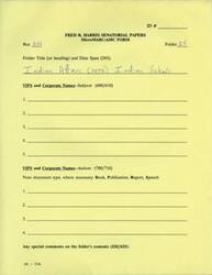 ["The document provides information about a folder in the FRED R. HARRIS SENATORIAL PAPERS related to Indian Affairs and Indian Schools in 1972. The folder may contain documents from various VIPs and corporate names, authors, and document types such as books, publications, reports, and speeches. The folder is identified as OU - 916."]