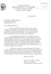 ["Senator Fred R. Harris received a letter from Mr. Wendell Chino, President of the National Congress of American Indians, regarding a speech on the \"New Destiny for American Indians. Senator Harris is pleased with the new sense of purpose within the Bureau and will contact Secretary Udall about forming an advisory group representing Indian groups. Senator Harris will provide further information to Mr. Chino once available."]