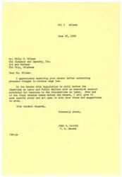 ["The document is from Billen O. Wilson, a small town business owner, urging Senator Harris to support amendments to the Minimum wage bill H.R. 13712. The amendments include delaying the increase to $1.60 until 1969 and changing the Service Contract Act to allow laundries and cleaners to pay $1.00 an hour for government contracts. Wilson expresses concern about the quick raise in wages and the impact on small businesses."]