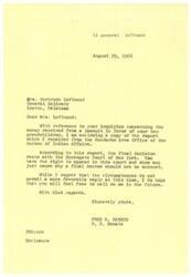 ["The document is a response to Senator Fred R. Harris regarding a lawsuit settlement received on behalf of two grandchildren. The children's mother passed away, and the funds were to be supervised by the Bureau of Indian Affairs. It is recommended that the funds be deposited with the Bureau due to concerns about the grandmother's stability and ability to care for the children. The document expresses appreciation for the Senator's interest in the case."]
