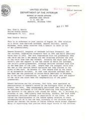 ["Mrs. Gertrude Lefthand has requested assistance from Senator Fred R. Harris regarding money awarded to her grandchildren in a lawsuit involving the Bureau of Indian Affairs. Senator Harris has contacted the Bureau for more information and will provide assistance once he receives a report. Mrs. Lefthand explains in her letter that the money is meant to support her and her grandchildren, as her daughter, who was a member of the tribe, passed away. The money was awarded in a lawsuit against a trucking company."]