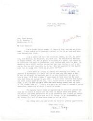 ["The document is a response to Senator Fred R. Harris regarding a request from Mrs. Helen Edge of Fort Cobb, Oklahoma to obtain a fee patent on her allotted land. The Bureau of Land Management only issues fee patents on request from the Bureau of Indian Affairs, and therefore the letter and reply are being forwarded to that Bureau for further consideration and response."]
