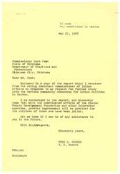 ["The document is a series of correspondence between the Associate Solicitor of Indian Affairs and Senator Fred R. Harris regarding the issue of care and supervision of Indian children whose parents are incarcerated in Oklahoma. The Associate Solicitor wrote to the Commissioner of Indian Affairs requesting a solution to the problem, and received a report indicating that local agencies are addressing the issue. The Associate Solicitor informed Senator Harris of the progress and offered further assistance if needed."]