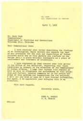 ["The document, written by Buck Cook, Commissioner of the Department of Charities and Corrections in Oklahoma, addresses the deplorable conditions faced by Indians in Canton, Oklahoma. The town's jail is overcrowded with Indian alcoholics, leading to children running the streets day and night. The document requests an investigation and long-term program to address the situation, emphasizing the need for prevention of crime and delinquency."]