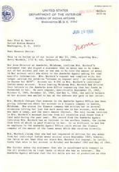 ["The Bureau of Indian Affairs acknowledges receipt of a letter from Senator Harris regarding a situation described by Mrs. Betty Murdock in Lafayette, Indiana. They are requesting information from their Area Director at Anadarko, Oklahoma and will provide an update after receiving the report."]