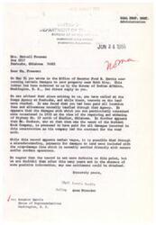["The document is from the Department of the Interior, Bureau of Indian Affairs, Muskogee Area Office, requesting a report on a letter from Mrs. Marcell Freeman to Senator Fred R. Harris regarding a matter concerning the Osage Agency in Oklahoma. The Area Director, Virgil N. Harrington, asks for a report to comply with instructions from the Bureau of Indian Affairs."]
