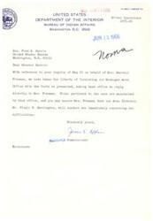 ["The Department of the Interior, Bureau of Indian Affairs, replied to Senator Harris's inquiry about Mrs. Marcell Freeman by stating that the Muskogee Area Office will be contacting her directly to address her difficulties. The Area Director, Mr. Virgil W. Harrington, will handle the case."]