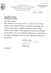 ["Senator Fred R. Harris received a letter from Mrs. Marcell Freeman regarding difficulties with the Bureau of Indian Affairs. Senator Harris has contacted the Bureau for more information and will follow up with Mrs. Freeman once he receives a report."]