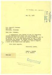 ["The document is from Mrs. Marcell Freeman to Fred R Harris, stating that she has not been notified of any changes in Indian affairs regarding damages to her property near Hebb City, Oklahoma. She is requesting help from Harris in resolving the situation. The document is also copied to Ed Edmundson and the Osage agency."]