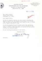 ["Pete Shepherd wrote a letter to Senator Fred Harris discussing issues related to the Concho school and requesting a swimming pool for recreational purposes. He also mentioned problems with the gymnasium floor and his own reclassification issue. Shepherd also mentioned the need for separate educational institutions for youngsters from agencies. He expressed his support for Senator Harris and mentioned attending his daughter's graduation. Senator Harris responded, stating that he had contacted the Bureau of Indian Affairs for more information on the matters discussed."]