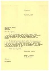 ["The letter is from Senator Fred R. Harris to Walker Myers, enclosing a report from the Bureau of Indian Affairs regarding Myers' efforts to obtain a U.S. Direct loan. Senator Harris expresses regret that he cannot provide more assistance, as it is outside his jurisdiction, but offers help in the future if needed."]