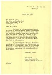 ["The letter is from Jim Monroe to Stewart Alsop, enclosing a Congressional Record clipping of Senator Harris' speech on American Indian policy and suggesting that Senator Harris write a Speaking Out column for the Saturday Evening Post on the subject. Monroe believes that Harris' knowledge of the problems and proposed solutions would be of interest to readers."]