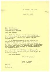 ["Senator Fred R. Harris thanks Mrs. Jack Howard for her letter expressing interest in the welfare of Indians. He encloses a copy of his speech on the topic and includes her on the membership list of Oklahomans for Indian Opportunity, an organization led by his wife. Senator Harris encourages Mrs. Howard to reach out to him in the future and expresses gratitude for her interest."]