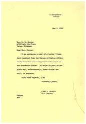 ["Fred R. Harris, a U.S. Senator, is writing to Mrs. C. R. Cotter to inform her that he has received a letter from the Bureau of Indian Affairs regarding the Wyandotte claims. He explains that the claims are still on hold and encloses a copy of the letter for her information."]