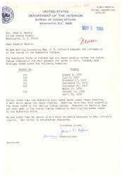 ["A letter from the Bureau of Indian Affairs to Senator Fred R. Harris regarding Mrs. C. R. Cotter's inquiry about the claims of the Wyandotte Indians. The letter states that the Wyandotte Tribe has six cases pending before the Indian Claims Commission for fair payment for lands ceded under various treaties. The cases are complex as other tribes also ceded lands under the same treaties, and no decision has been made yet defining the areas ceded by the Wyandotte Tribe. The Bureau regrets that they cannot provide a more favorable response and returns Mrs. Cotter's letter."]