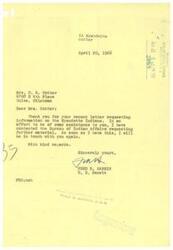 ["Fred R. Harris, a member of the U.S. Senate, is responding to a letter from Mrs. C. R. Cotter requesting information on the Wyandotte Indians. He states that he has contacted the Bureau of Indian Affairs for further material and will be in touch with her again once he has the information."]
