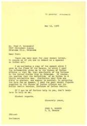 ["Senator Fred R. Harris thanks Schonwald for his recent letter and acknowledges his work as a speaker on Indian art. He shares information from a speech he gave in the Senate about the number of Indians living in Oklahoma, using data from the Bureau of Indian Affairs and the Public Health Service. Senator Harris offers further assistance if needed and sends his regards."]