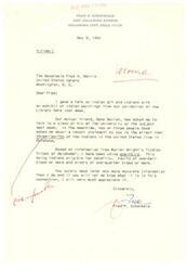 ["The writer, Fred P. Schonwald, is requesting updated information from Senator Fred R. Harris regarding the percentage of Indians living in Oklahoma. He mentions giving a talk on Indian art and Indians at the Library and being asked to speak at a university class on the subject. Schonwald also references a recent statement made by Senator Harris on the topic."]