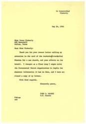 ["Fred R. Harris received a letter from Miss Irene Wimberly regarding the need for a new church for the Anadarko Intertribal Mission. Harris expressed gratitude for her efforts and mentioned that he would be writing to the Pentecostal Church organization in Joplin for more information. He enclosed a copy of his letter and sent his kind regards."]