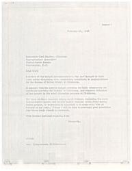 ["The letter addresses concerns about reductions in appropriations for the Bureau of Indian Affairs in Oklahoma, specifically regarding funding for extension services for Indians, construction of a new dormitory at Eufaula Indian School, and replacement of Claremore Indian Hospital. The writer urges for funds to be restored and additional appropriations to be made for these important projects. Senator Monroney responds, promising to bring up these points to the Subcommittee on the Department of the Interior appropriations."]
