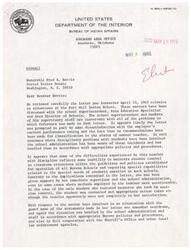["The letter from Senator Harris regarding issues at Fort Sill Indian School is reviewed by the Bureau of Indian Affairs. The letter raised concerns about employee performance, student discipline, social activities, and misconduct. The Bureau addresses each issue, stating that the school administration is aware and handling the situations in accordance with policies. They emphasize the special needs of Indian youth enrolled in boarding schools and the importance of patience and understanding in addressing their problems. The Bureau also discusses disciplinary actions, promotion criteria for teachers, and summer programs for students. Overall, they defend the actions of the school staff and emphasize the efforts made to support students and maintain a positive school environment."]
