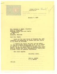 ["The Oklahoma Indian Arts and Crafts Cooperative is seeking support for a proposal to establish legislation to protect Indian arts and crafts in the state of Oklahoma. Six other states have already passed similar legislation. Senator Fred R. Harris commends the cooperative for their efforts and recommends working with State Senator Baldwin and State Representative Goodfellow on the matter."]