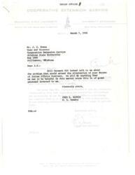 ["The text is a letter from J.C. Evans, Dean and Director of the Cooperative Extension Service at Oklahoma State University, to Senator Fred R. Harris regarding the potential elimination of their contract with the Bureau of Indian Affairs to work with Indian people. Evans expresses willingness to help with the issue and provides additional details if needed."]