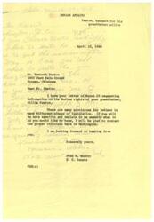 ["Kenneth Paxton writes to Senator Harris in Washington D.C. requesting information on the Indian rights of his Cherokee grandfather, Willie Partin. He asks for guidance on where to find information and is willing to provide more specific details if needed. Senator Harris responds offering to help and asks for more details on what exactly Paxton is looking for."]
