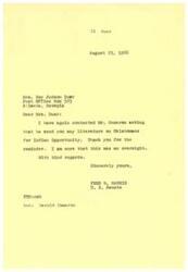 ["The text is a series of letters between Mrs. Roy Judson Duer and Senator Fred R. Harris regarding the topic of American Indians and their rights. Mrs. Duer expresses her interest in assisting with Indian matters and highlights a remark made on television about Indians. Senator Harris acknowledges her letter, sends her a copy of a speech he made on American Indians, and adds her name to the membership list of Oklahomans for Indian Opportunity. The letters also touch upon the discovery and exploration of the Americas by different cultures."]