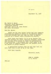 ["The letter from David F. Byers to Senator Fred R. Harris praises Harris for his comprehensive statement on Indian Affairs and expresses support for including American Indians in all community activities. Byers also highlights the success of the Employment Assistance Branch of the Bureau of Indian Affairs in helping Indian families integrate into established communities. Byers emphasizes the importance of empowering American Indians to raise their own standards and become active members of society. He concludes by applauding Harris for his accurate portrayal of the challenges faced by American Indians and expresses confidence that with understanding legislators like Harris, progress can be made in assisting American Indians to take their proper place in society."]