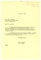 ["Mrs. C.R. Phoenix wrote a letter to Senator Fred R. Harris expressing her support for the Bunch Industrial Development Foundation, which aims to eliminate poverty in Adair County. Senator Harris responded, thanking her for her support and promising to continue promoting the project."]