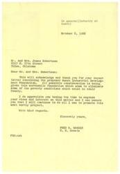 ["Mr. and Mrs. Robertson wrote to Senator Fred Harris expressing their support for the Bunch Industrial Development Foundation, which aims to eliminate poverty in Adair County. Senator Harris responded by thanking them for their letter and assuring them of his continued support for the project."]
