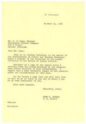 ["Senator Fred R. Harris received a letter from J.V. Long, Manager of Nationwide Finance Company, regarding the indebtedness of Albert and Theresa Tahlequah. The Bureau of Indian Affairs provided a report stating that Albert Tahlequah, a member of the Comanche Tribe, has minimal income from trust Indian land. The Bureau cannot assist in debt collection unless authorized beforehand. Senator Harris forwarded the matter to the Anadarko Area Office for further investigation."]