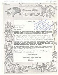 ["Pawnee Bill's Indian Trading Post in Pawnee, Oklahoma, wrote a letter to Senator Raymond Horn regarding Public Law 87-884, which prohibited the sale of certain eagle parts. They requested permission to sell items made from Golden Eagle feathers that were legally acquired before the law was passed. They assured the senator that they were cooperating with the Wildlife Department and intended to follow the law."]