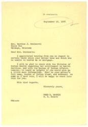 ["Mrs. Berdina J. Woolworth contacted Fred R. Harris regarding her mother's inability to borrow on or mortgage certain lands. Harris offered to check with the Division of Indian Health and the Bureau of Indian Affairs to determine her entitlement to health services, but requested more information such as her mother's full name, degree of Indian blood, and address. Harris expressed willingness to help and signed the letter with kind regards."]
