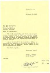 ["The letter acknowledges and thanks Yackeyonny for his communication regarding specific sums of money for certain Indians. The sender, Fred R. Harris, has contacted the Anadarko Area Office to follow up on the matter. Additionally, the letter includes a request for information on Oklahoma tax payments for certain individuals and expresses frustration with the Bureau of Indian Affairs' negligence. The letter also mentions efforts to improve the status of Native Americans and hints at revealing more information in the future."]