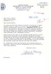 ["The letter is in response to a referral received from Senator Harris regarding a letter from Kye Yackeyonny and correspondence related to him. The Bureau of Indian Affairs has requested information from the Internal Revenue Service regarding the Federal income tax returns of individuals mentioned in the letters. They will update Senator Harris on any means of aid the Bureau can provide in helping individuals with their claims for tax refunds. The letter and enclosures are returned as requested."]