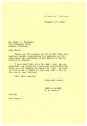 ["Mabry Blaylock wrote to Senator Fred Harris about his brother Morris's concerns regarding the efficiency and personnel of the Bureau of Indian Affairs in Alaska. Morris is disturbed by the failure of the Bureau to fulfill promises made to personnel and its effects on morale. Blaylock asks Harris to review the materials and return them, and suggests that Morris give Harris a briefing on Eskimos and the reindeer industry in Alaska. Blaylock also compliments Harris on his representation of Oklahoma in the Senate. Harris responds with thanks and offers assistance to Blaylock and his brother."]