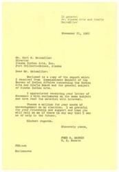 ["The sender, Fred R. Harris, received a report from Commissioner Bennett of the Bureau of Indian Affairs regarding Indian arts and crafts in Alaska. He thanks Heinmiller for his letter and encouragement, expressing gratitude for his support and offering to help in the future."]