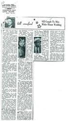 ["A young married couple in Lawton, Oklahoma, received an invitation to attend the White House wedding of Lynda Bird Johnson to Marine Capt. Charles S. Robb. However, they were unable to attend due to prior commitments. The couple had previously lived at Center House in Washington, D.C., where they became friends with the couple getting married. The groom, Capt. Yost, is a Marine officer from Buffalo, NY, currently stationed at Fort Sill. The couple has found a home in Georgetown for themselves and the Secret Service men assigned to watch over them. The wedding ceremony is scheduled to be televised on the Ed Sullivan Show."]