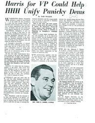 ["The article discusses potential vice presidential candidates for Hubert Humphrey in the 1968 presidential election, focusing on Fred R. Harris, a young and intelligent senator from Oklahoma. Other potential candidates, such as Edmund S. Muskie and Sargent Shriver, are also mentioned. The article highlights the challenges Humphrey faces in choosing a running mate who can appeal to various demographics and help him win the election. Southern Democrats are seen as a key element in the Humphrey coalition, and their support is important in the decision-making process. Ultimately, the article suggests that Humphrey's choice for vice president could impact his chances of winning the presidency."]