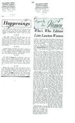 ["The document discusses various happenings and achievements of women in Oklahoma, including the establishment of the Del City Optimist Club, open houses at Moore public schools, and the addition of six Lawton women to the Who's Who of American Women. It also highlights the accomplishments and contributions of individual women such as LaDonna Harris, Mrs. Wesley N. Silk, Mrs. William J. Becker, Mrs. Milton B. Capshaw, and Miss Kay Young. The document provides details about their backgrounds, careers, and involvement in various organizations and activities."]