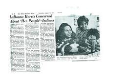 ["LaDonna Harris, a half Comanche, half Irish woman, is fighting for the rights of American Indians, particularly urban Indians who face discrimination and poverty. She believes in educating the public about Indian culture and history, and is working to raise funds and promote reforms for the Indian community. She emphasizes the need for solidarity among Indians, despite being often misunderstood by the general public."]