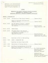 ["The document outlines the agenda for a meeting of the Women's Advisory Council on Poverty, including discussions on working with private organizations, observations and suggestions for OEO programs and policies, recommendations from the President's Commission on the Status of Women, analysis of conference questionnaires, and discussions on urban issues and education. The meeting also includes social events such as a buffet supper and transportation arrangements. The meeting concludes with a wrap-up session and executive session."]