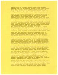 ["The document lists various women's clubs, community organizations, and church groups from different cities across the United States and Canada. These groups are involved in a wide range of activities such as community service, advocacy, education, and support for various causes."]