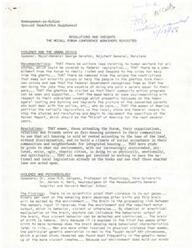 ["The document discusses resolutions and insights from the McCall Forum Conference workshops on violence and the urban crisis. Recommendations include implementing uniform laws on human welfare, supporting fair housing, and reprogramming societal input to create better human beings. Findings on violence and psychobiology suggest that violence is not genetic and can be controlled through brain manipulation. The document also addresses violence and education, highlighting the need to abolish corporal punishment in schools and preserve programs like Head Start. The American tradition is also discussed, focusing on the conflict of values and lack of social control as preconditions to civil disorder and mass violence. Recommendations include promoting alternative forms of education and improving communication between adversaries."]