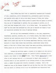 ["The document discusses the need for Native American input in legislation and regulations that affect their lives, as they are currently the most deprived and powerless group in the United States. It highlights the historical influences on Indian policy, such as economic interests, organized religion, and government agencies. The document introduces Native American Action, a lobbying organization formed to provide expert witnesses on Indian legislation, research upcoming legislation, and serve as a political voice for Indian organizations. The organization aims to have a full-time lobbyist-director to directly contact legislators and advocate for Native American interests."]