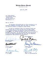["The letter is inviting Ms. Evelyn Dubrow and her staff to a reception at the U.S. Capitol Building to honor the Menominee tribal representatives and discuss the Menominee Restoration Act, which aims to reinstate the Menominee Indians to recognized tribal status. The letter is signed by several members of the U.S. Senate and House of Representatives."]